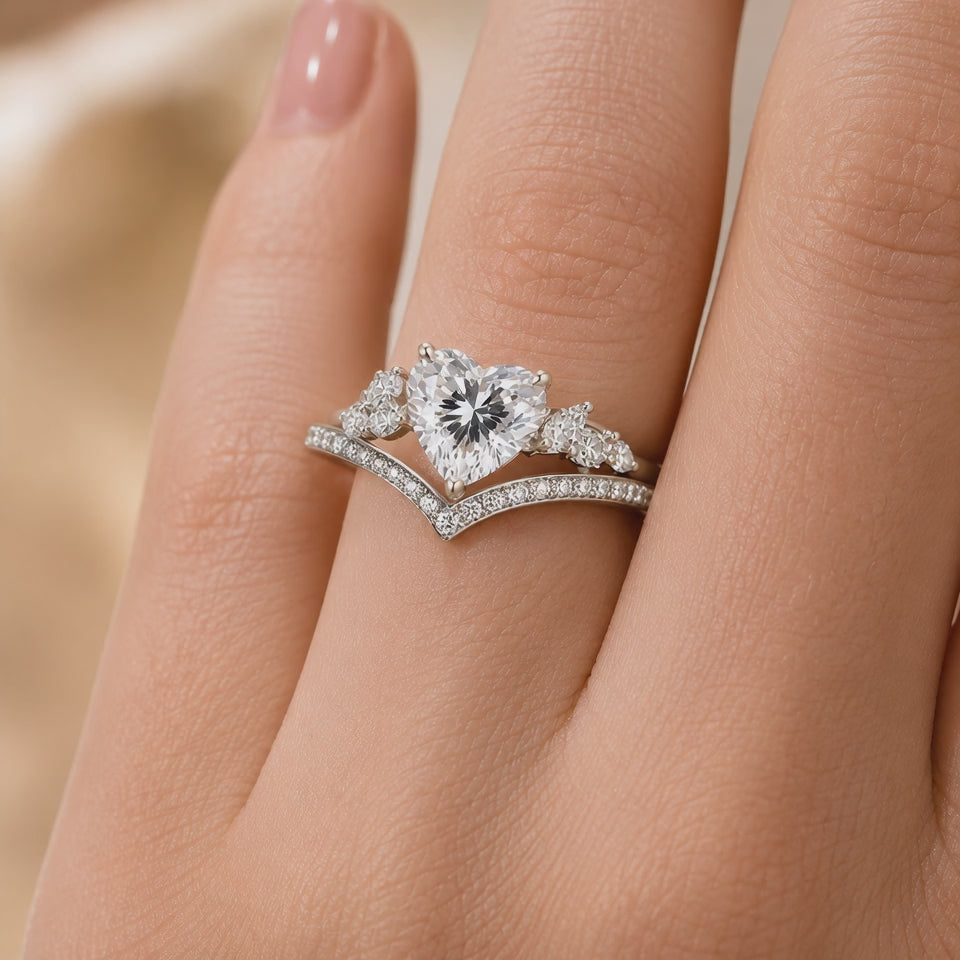 2.50 CT Heart Cut Lab-Grown Diamond 2PCS Bridal Set in 14K White Gold – Cluster Engagement Ring with V-Shaped Wedding Band