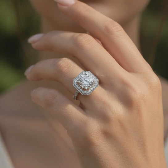 Beatrice 1.45 Carat Round Cut Halo Pave Knife Edge Milgrain Engagement Ring