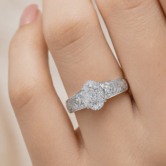 1.50 CT Oval Cut Lab-Grown Diamond Engagement Ring in 14K White Gold – Vintage Engraved Filigree Design