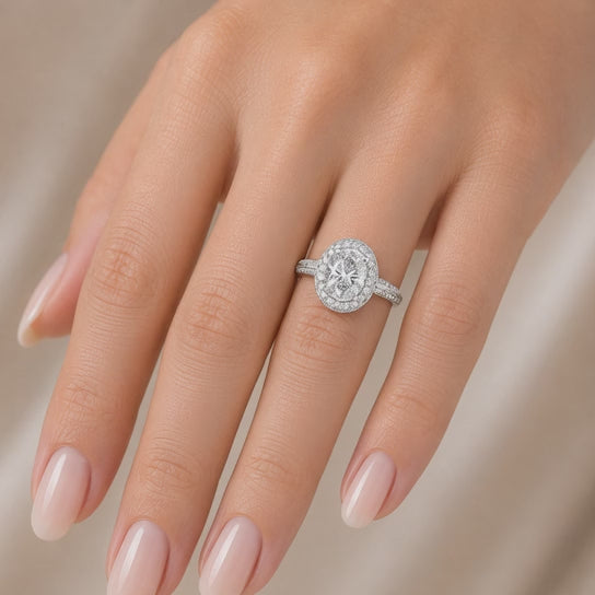 Beatrice 1.45 Carat Oval Cut Halo Pave Knife Edge Milgrain Engagement Ring