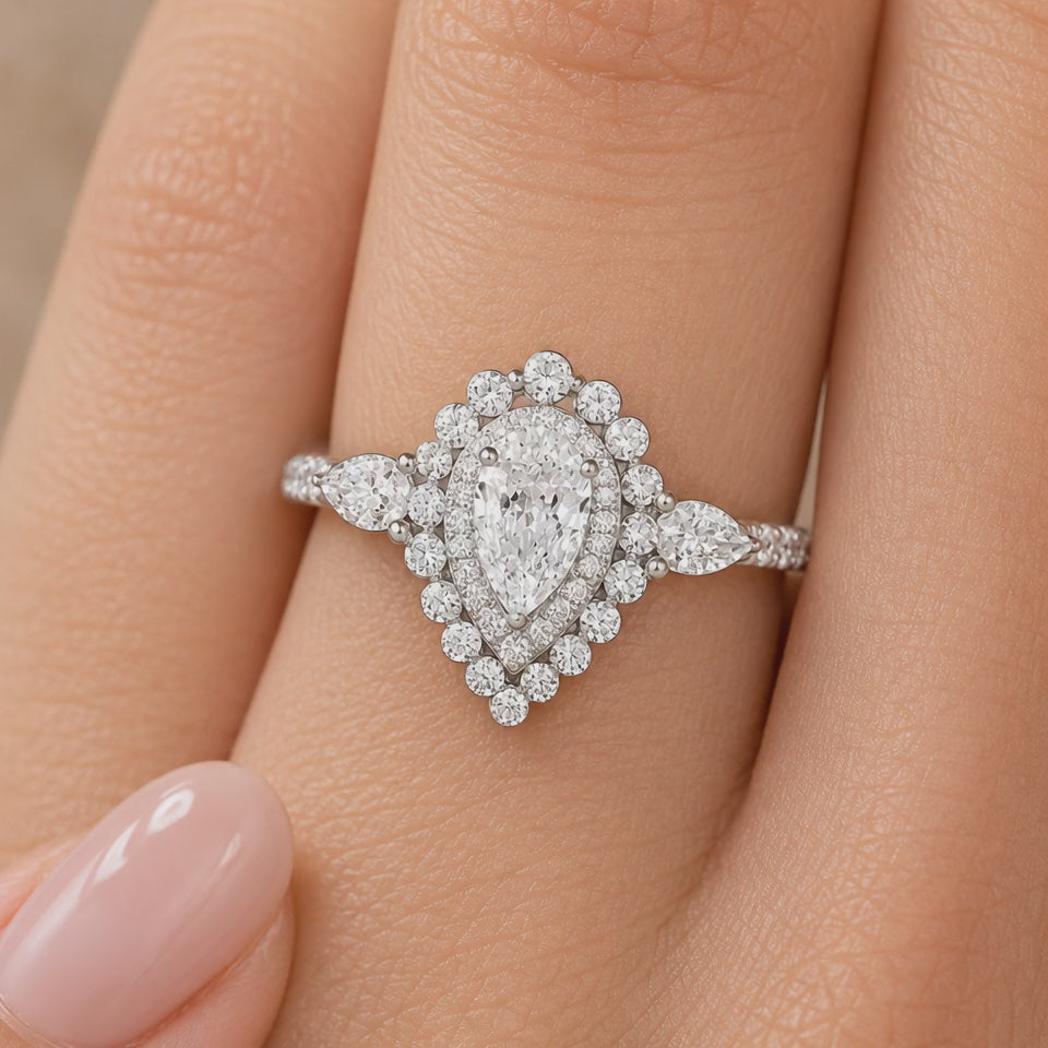 3.00 CT Pear Cut Lab-Grown Diamond Double Halo Engagement Ring in 14K White Gold – Teardrop Bridal Design with Side Stones