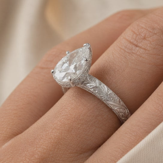 2.00 CT Vintage Inspired Pear Cut Lab-Grown Diamond Engagement Ring in 14K White Gold – Hand-Engraved Floral Art Deco Design