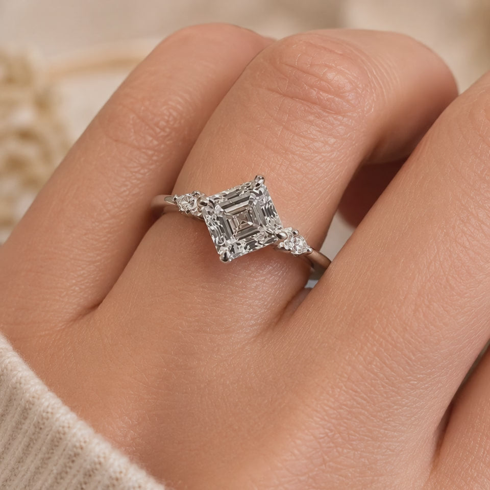 2.00 CT Asscher Cut Lab-Grown Diamond Three Stone Engagement Ring in 14K White Gold – Bezel Set IGI Certified Design