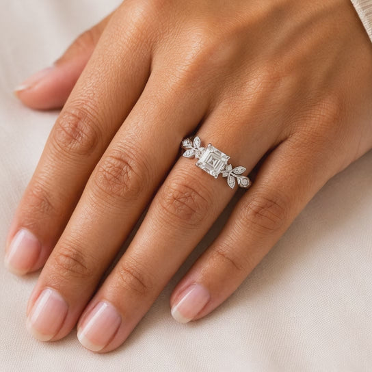 2.50 CT Asscher Cut Lab-Grown Diamond Engagement Ring in 14K White Gold – Nature Inspired Round Brilliant Side Stone Design | IGI Certified