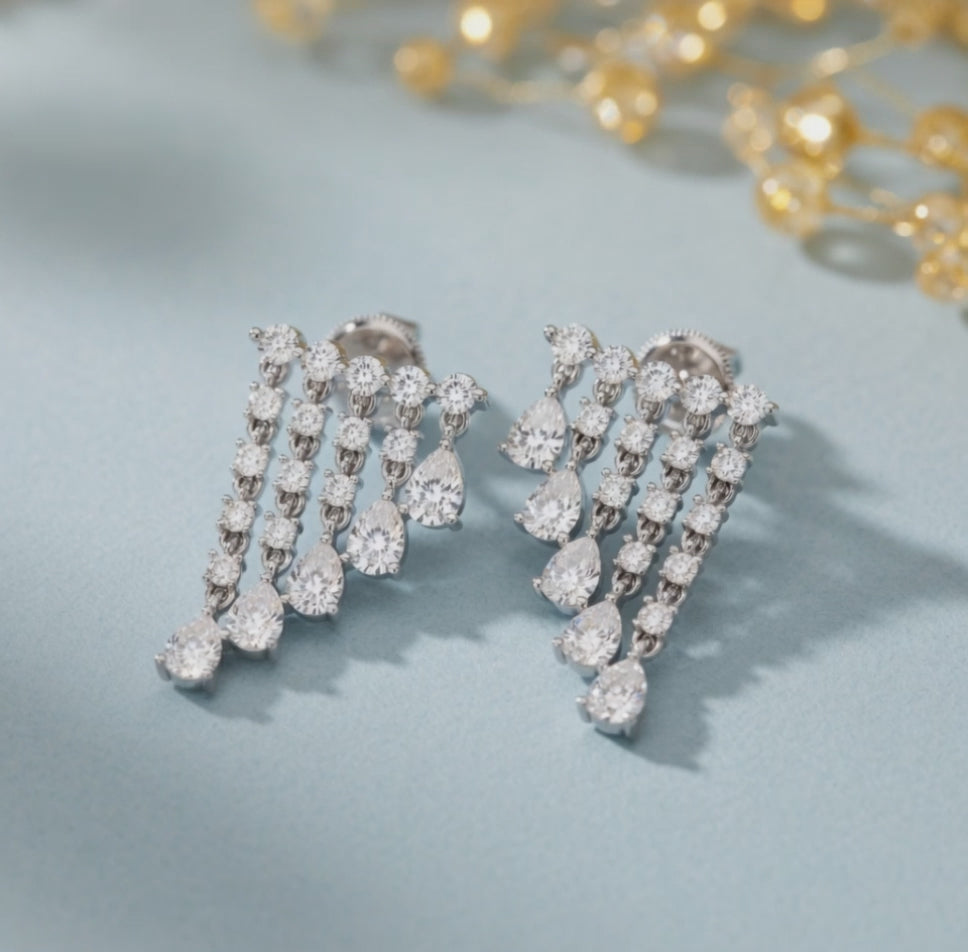 2.29 ct Pear Round Cut Dangle/Drop Cluster Diamond Earrings VS1 D White Gold 14k