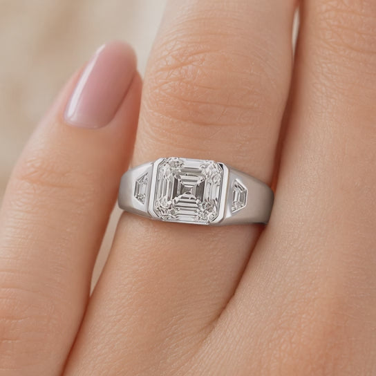 3.00 CT Asscher Cut Lab-Grown Diamond Men's Signet Ring in 14K White Gold – Bold Hip Hop Statement Ring with Side Diamonds