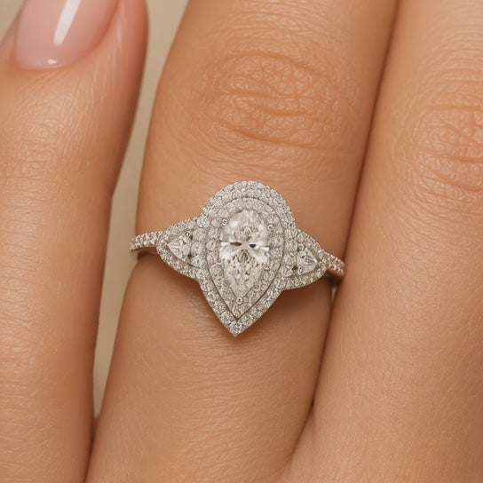 2.00 CT Pear Cut Lab-Grown Diamond Double Halo Engagement Ring in 14K White Gold – Stackable Comfort Fit Bridal Design