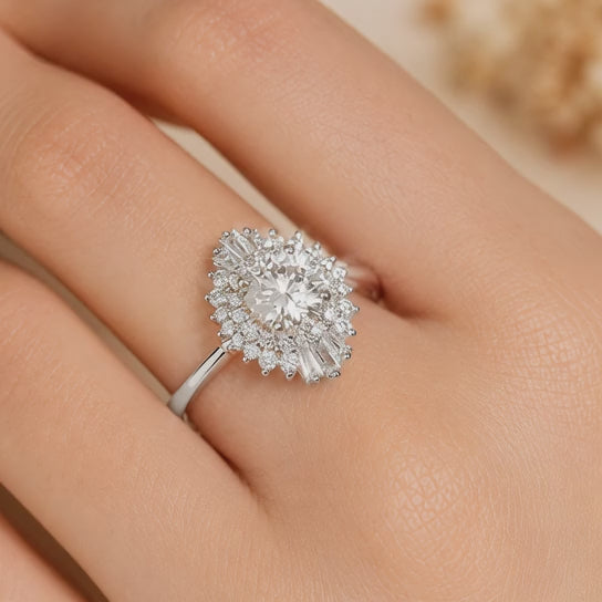 1.50 CT Vintage Round Lab-Grown Diamond Double Halo Engagement Ring in 14K White Gold – Art Deco Baguette Design