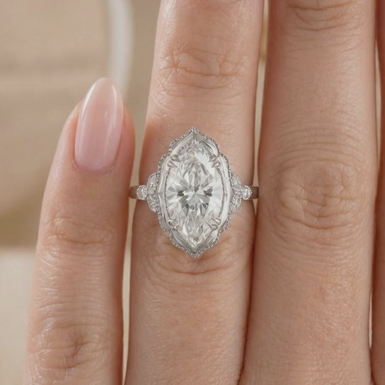 3.41 CT Vintage Marquise Cut Lab-Grown Diamond Engagement Ring in 14K White Gold – Hand-Engraved Victorian Style