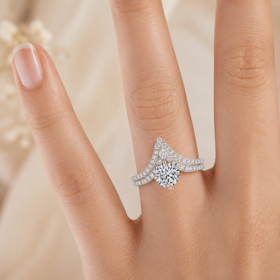 2.50 CT Nouveau Lab-Grown Diamond 2PCS Bridal Set in 14K White Gold – Art Nouveau Chevron Pavé Wedding Ring Design
