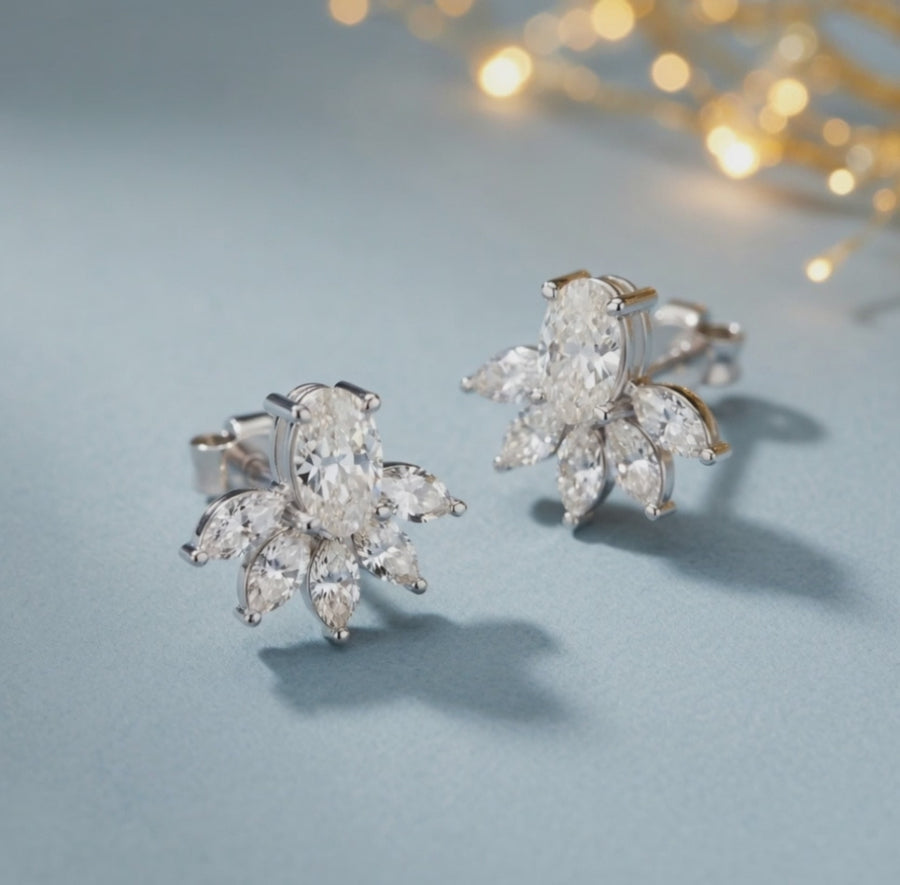 2.46 ct Oval Marquise Cut Stud Cluster Butterfly Diamond Earrings VS1 D White Gold 14k