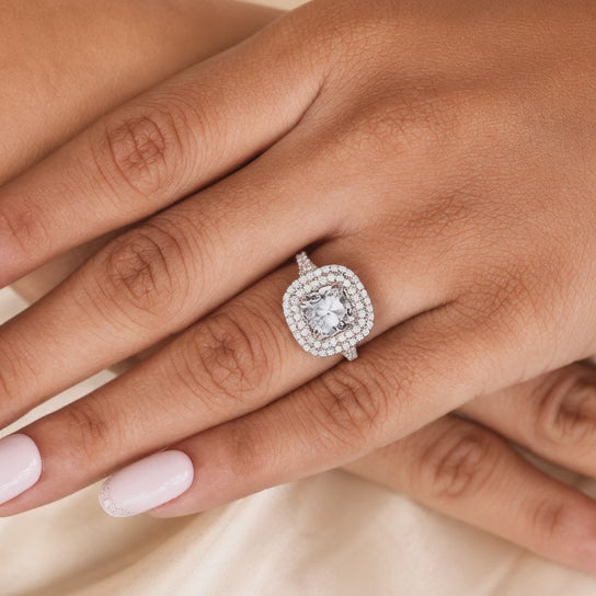 2.15 CT Cushion Cut Lab-Grown Diamond Double Halo Engagement Ring in 14K White Gold – Split Shank Pavé Bridal Design