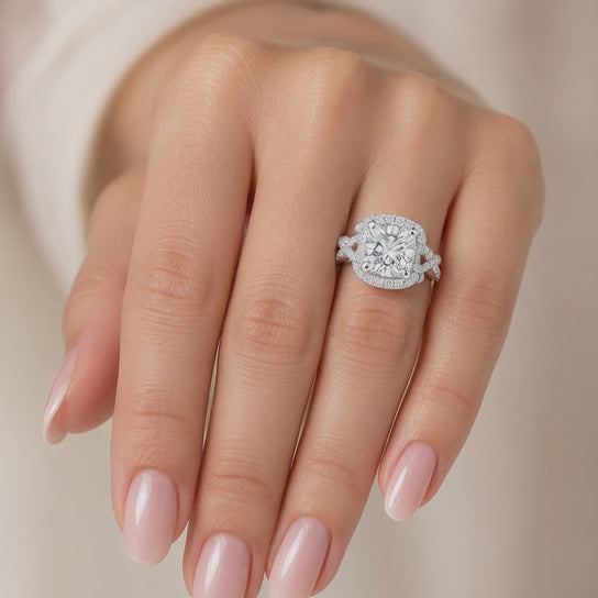 Ophelia 3.35 Carat Cushion Cut Pave Halo Split Shank Engagement Ring