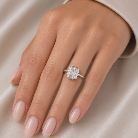 Xenia 4.15 Carat Emerald Cut Halo Pave Solitaire Engagement Ring