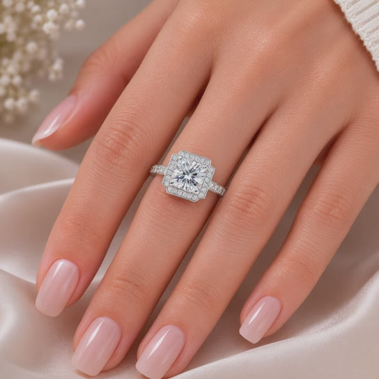 Amalia 4.5 Carat Cushion Cut Halo Pave Engagement Ring