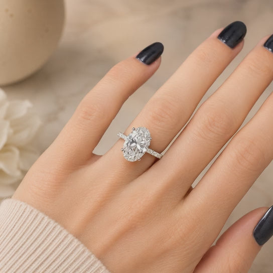 4.00 CT Oval Lab-Grown Diamond Hidden Halo Engagement Ring in 14K White Gold – Cathedral Setting | IGI Certified