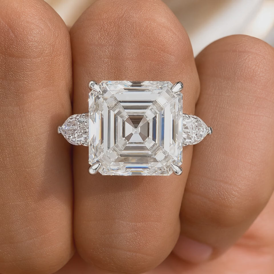 7.00 CT Asscher Cut Lab-Grown Diamond Three Stone Engagement Ring in 14K White Gold – Luxury Statement Anniversary Design