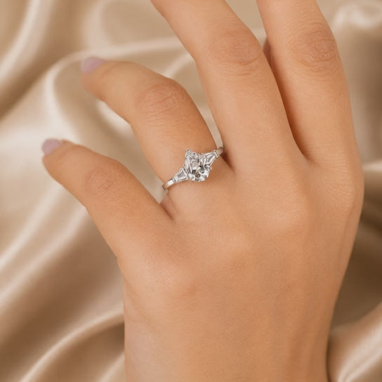 2.00 CT Pear Shaped Lab-Grown Diamond Three-Stone Engagement Ring in 14K White Gold – Tapered Baguette Design