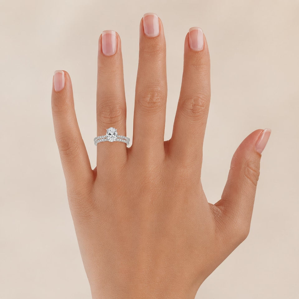 1.50 CT Demi Oval Lab-Grown Diamond 2PCS Hidden Halo Bridal Set in 14K White Gold – Luxe Ballad Solitaire Wedding Design