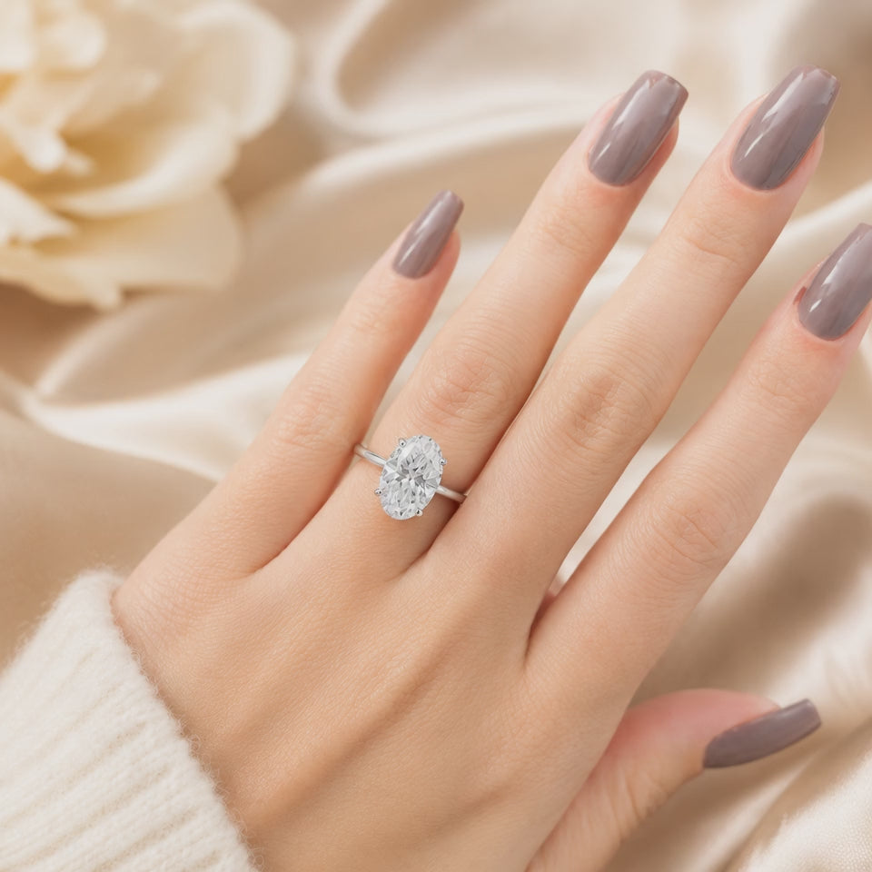 3.61 CT Oval Lab-Grown Diamond Hidden Halo Engagement Ring in 14K White Gold – Thin Band Solitaire Design