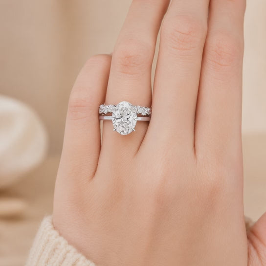 3.00 CT Oval Lab-Grown Diamond Hidden Halo 2PCS Bridal Set in 14K White Gold – Matching Stackable Wedding Band Design