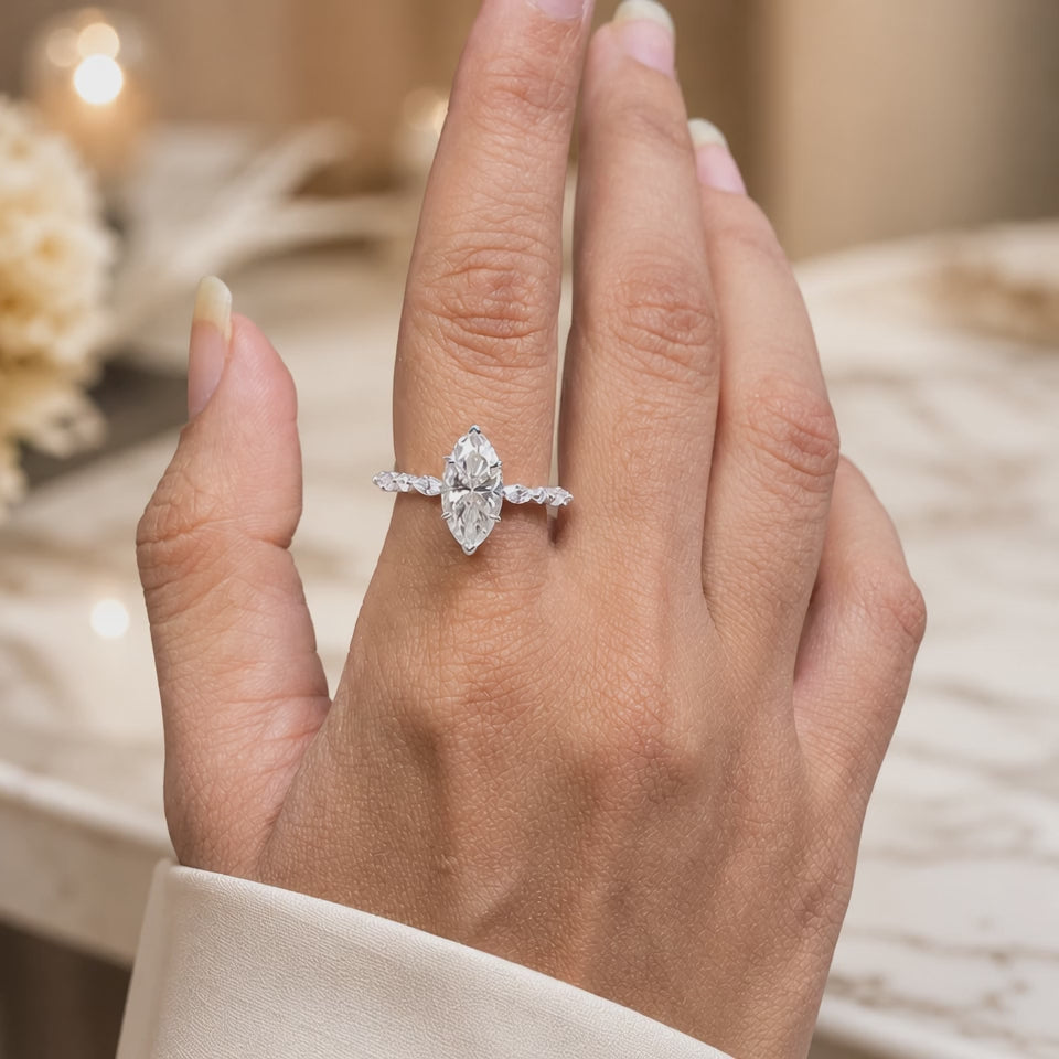 2.00 CT Marquise Lab-Grown Diamond Hidden Halo Engagement Ring in 14K White Gold – Round Accent Promise Ring Design