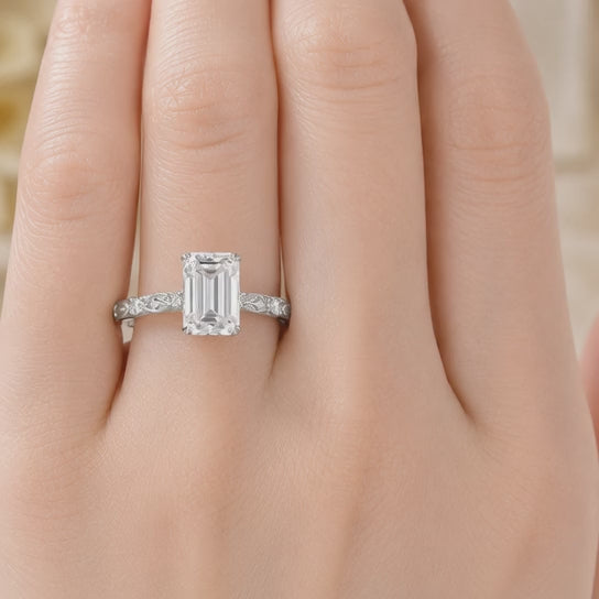 1.00 CT Emerald Cut Lab-Grown Diamond Engagement Ring in 14K White Gold – Hidden Halo Engraved Solitaire Design