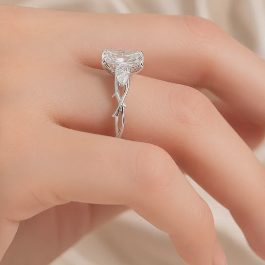 2.50 CT Radiant Lab-Grown Diamond Three-Stone Engagement Ring in 14K White Gold – Pear Side Stone Design