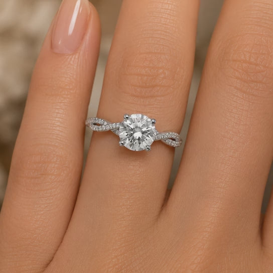 4.00 CT Round Lab-Grown Diamond Petite Twisted Vine Engagement Ring in 14K White Gold – Scalloped Pavé Solitaire Design