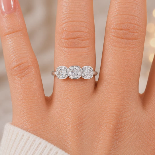 2.00 CT Old European Cushion Cut Lab-Grown Diamond Three-Stone Engagement Ring in 14K White Gold – Handmade Vintage Wedding Design