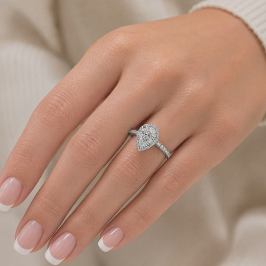 Beatrice 4.45 Carat Pear Cut Halo Pave Knife Edge Milgrain Engagement Ring