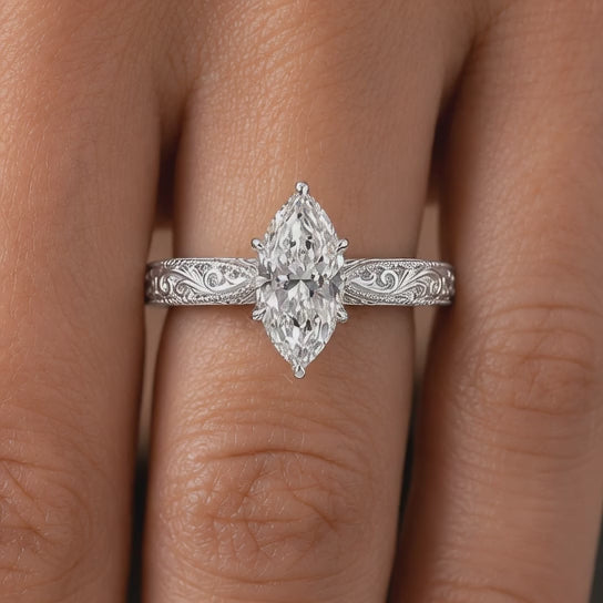 1.00 CT Marquise Cut Lab-Grown Diamond Wedding Ring in 14K White Gold – Vintage Engraved Leafy Pattern Band