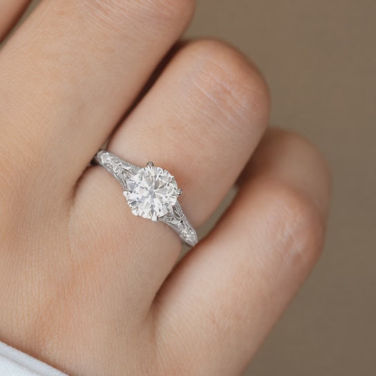 1.50 CT Round Lab-Grown Diamond Hand-Engraved Engagement Ring in 14K White Gold – Vintage Carved Solitaire Band