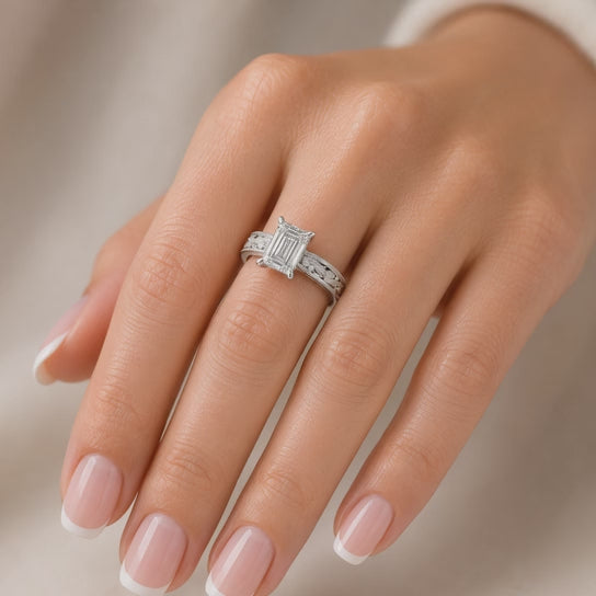 Sabrina 1 Carat Radiant Cut Solitaire Hand Engraved Milgrain Engagement Ring
