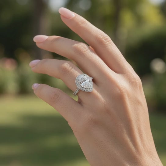 Beatrice 4.45 Carat Pear Cut Halo Pave Knife Edge Milgrain Engagement Ring