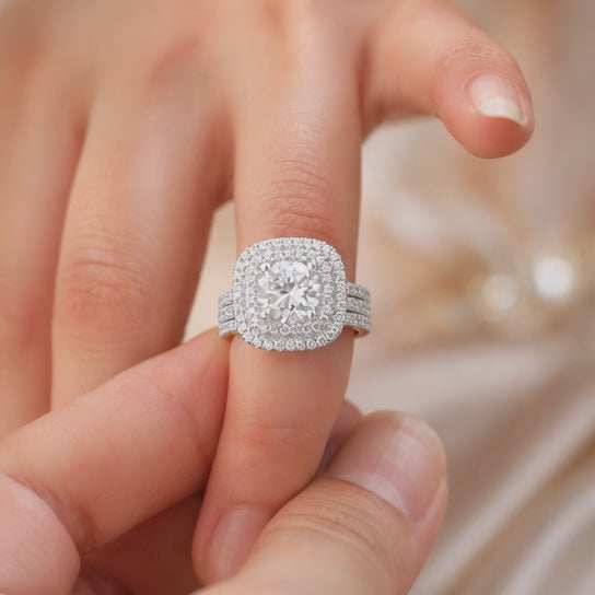 4.00 CT Round Cut Lab-Grown Diamond Double Halo Engagement Ring Set in 14K White Gold – Cushion Halo Bridal Design with Double Half Eternity Bands