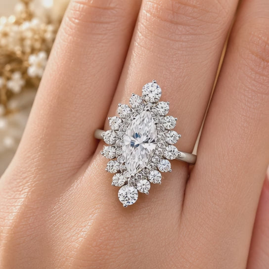 2.50 CT Marquise Cut Lab-Grown Diamond Double Halo Engagement Ring in 14K White Gold – Statement Bridal Design