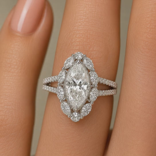 5.00 CT Marquise Cut Lab-Grown Diamond Double Halo Engagement Ring in 14K White Gold – Art Deco Split Shank Cocktail Design