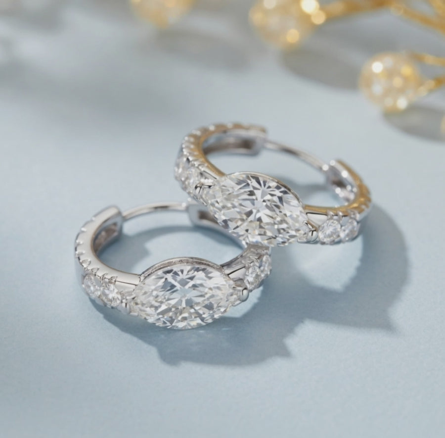 0.73 ct Marquise Round Cut Hoop Prong Diamond Earrings VS1 D White Gold 14k