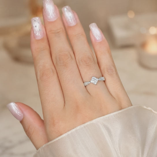 1.00 CT Princess Cut Lab-Grown Diamond Engagement Ring in 14K White Gold – Vintage Engraved Minimalist Couple Band
