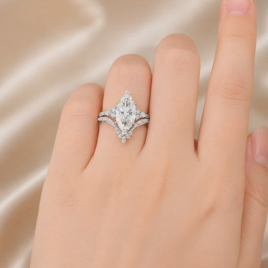 2.75 CT Marquise Lab-Grown Diamond 2PCS Bridal Set in 14K White Gold – Cluster V-Prong Filigree Wedding Ring Design