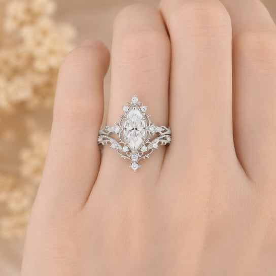 3.00 CT Vintage Marquise Lab-Grown Diamond 2PCS Bridal Set in 14K White Gold – Filigree Vine Wedding Ring Design