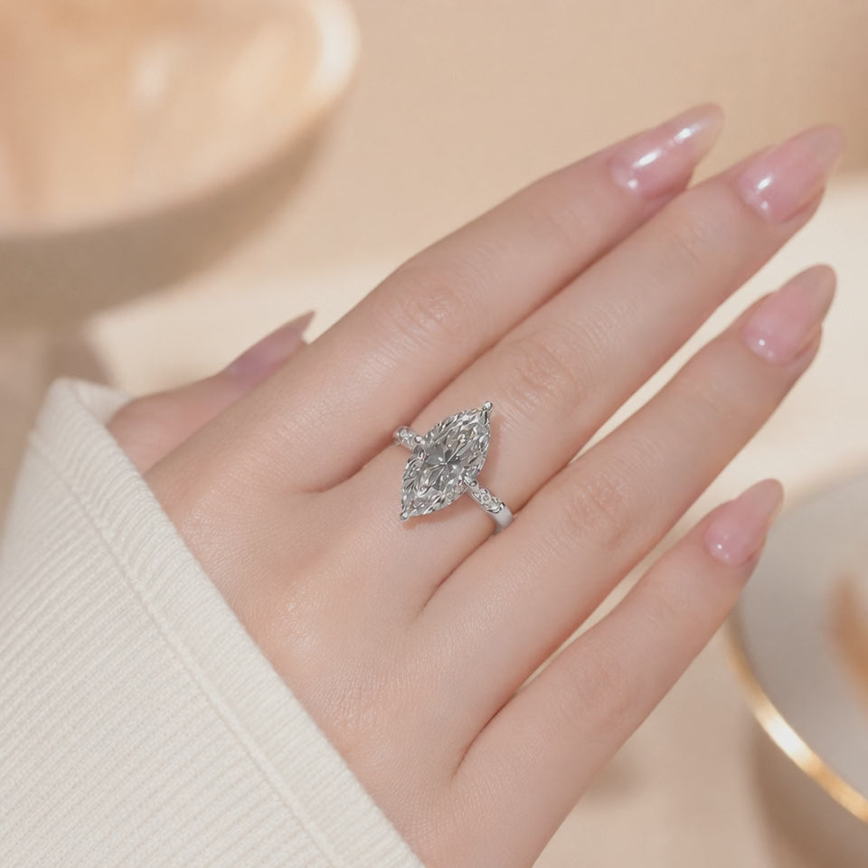 3.00 CT Marquise Lab-Grown Diamond Hidden Halo Engagement Ring in 14K White Gold – Pavé Cathedral Solitaire Design