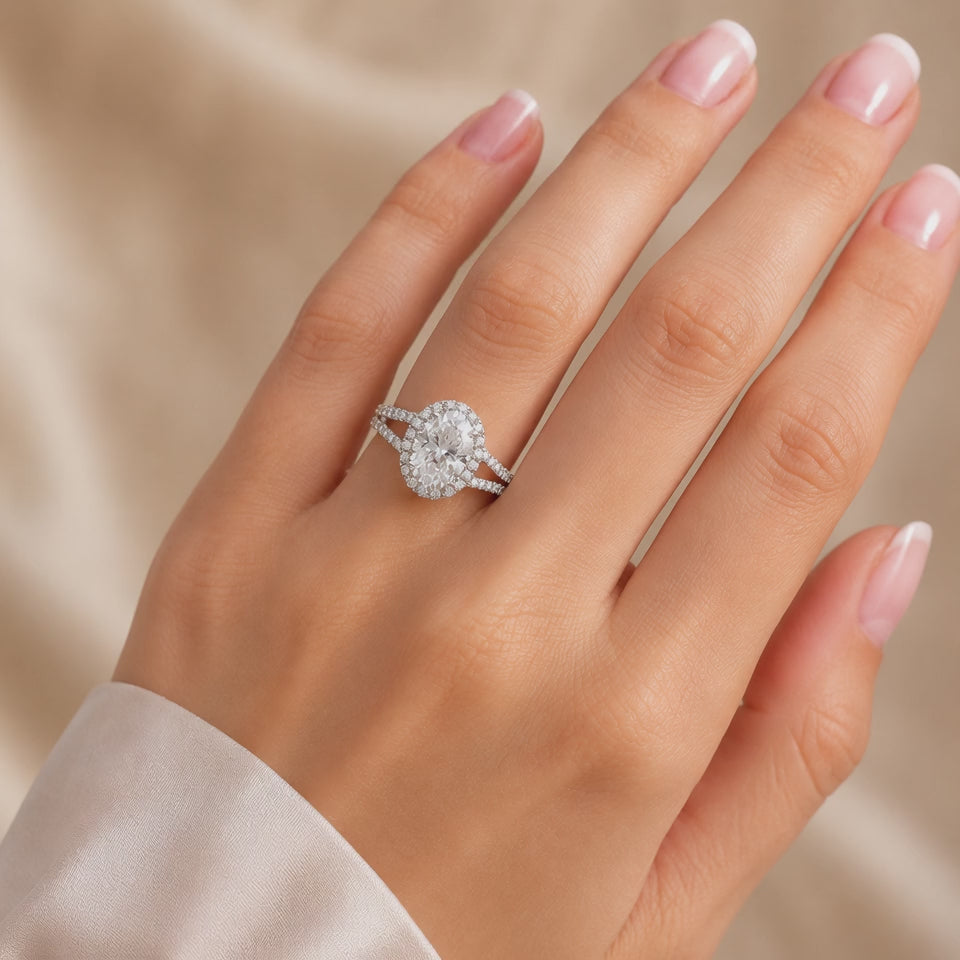 Leah 1.39 ct Lab Grown Oval Cut Halo Split Shank Diamond Engagement Ring