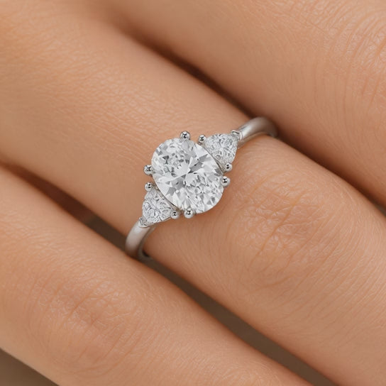 1.50 CT Oval Lab-Grown Diamond Three-Stone Engagement Ring in 14K White Gold – Trilogy Statement Design