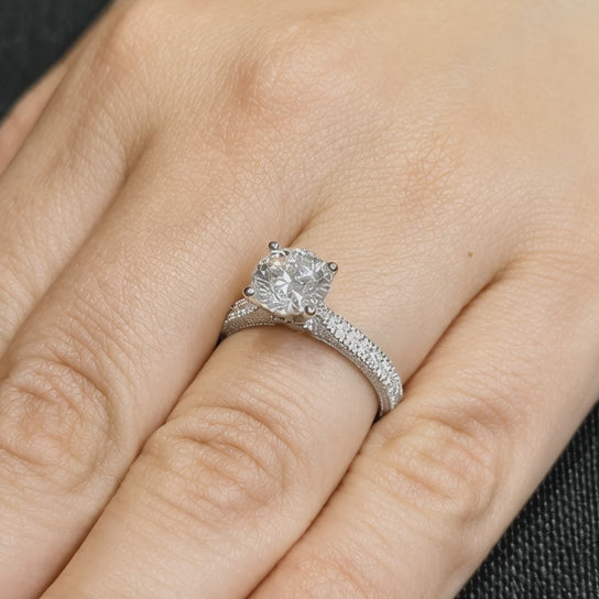 1.50 CT Vintage Lab-Grown Diamond Engagement Ring in 14K White Gold – Hand-Engraved Antique Design