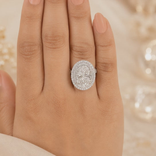 6.00 CT Oval Cut Lab-Grown Diamond Double Halo Engagement Ring in 14K White Gold – Antique Inspired Solitaire Design