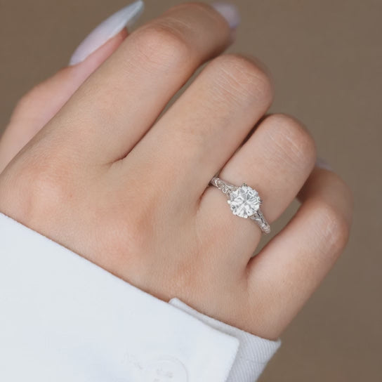 1.50 CT Round Lab-Grown Diamond Wedding Ring in 14K White Gold – Hand-Engraved Vintage Carved Solitaire Design