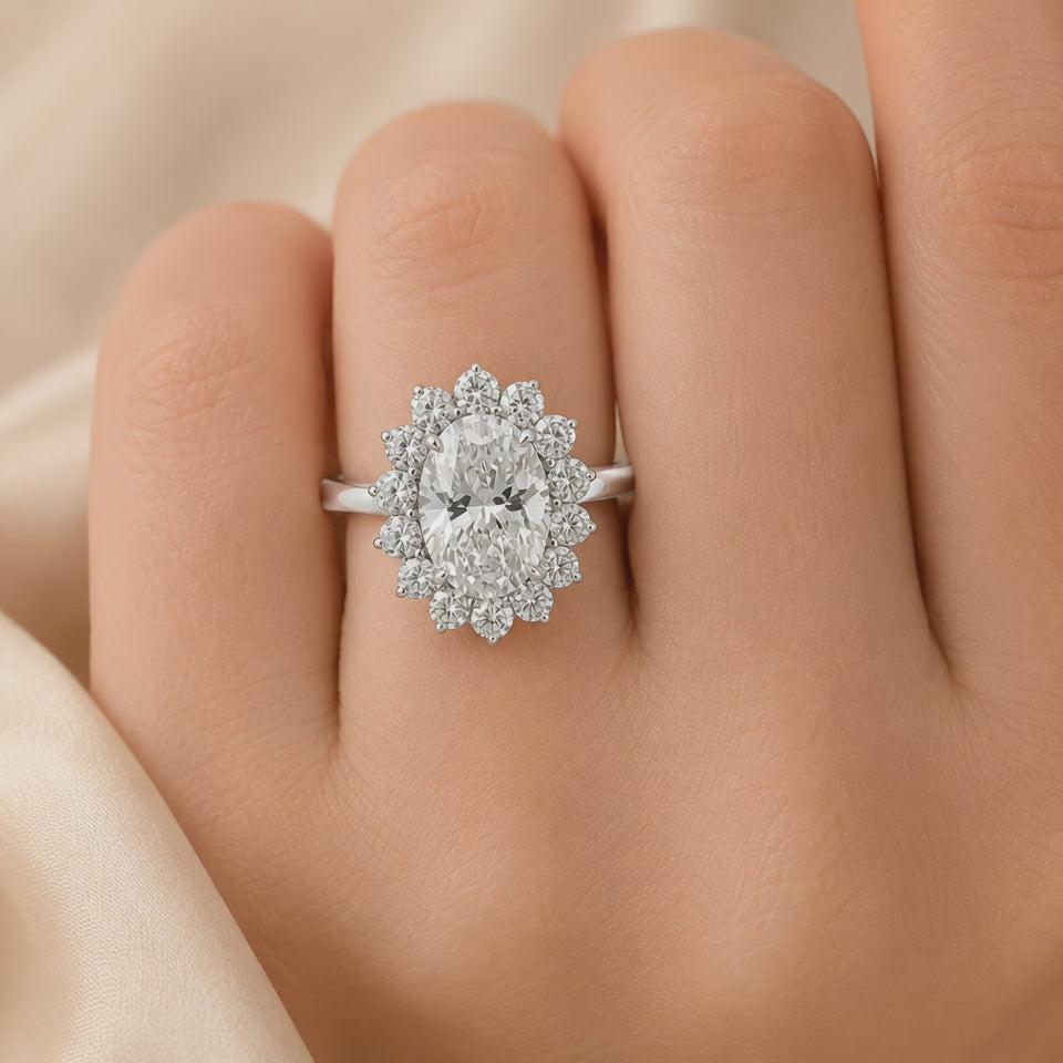 3.00 CT Oval Lab-Grown Diamond Sunburst Halo Engagement Ring in 14K White Gold – Statement Anniversary Design