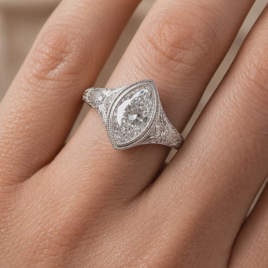 2.00 CT Marquise Cut Lab-Grown Diamond Engagement Ring in 14K White Gold – Antique Floral Engraved Milgrain Bezel Design